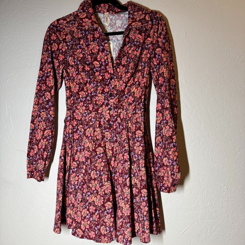 Free People Mini Dress Floral Print Corduroy Long Sleeve Button Front Sizeโ 2